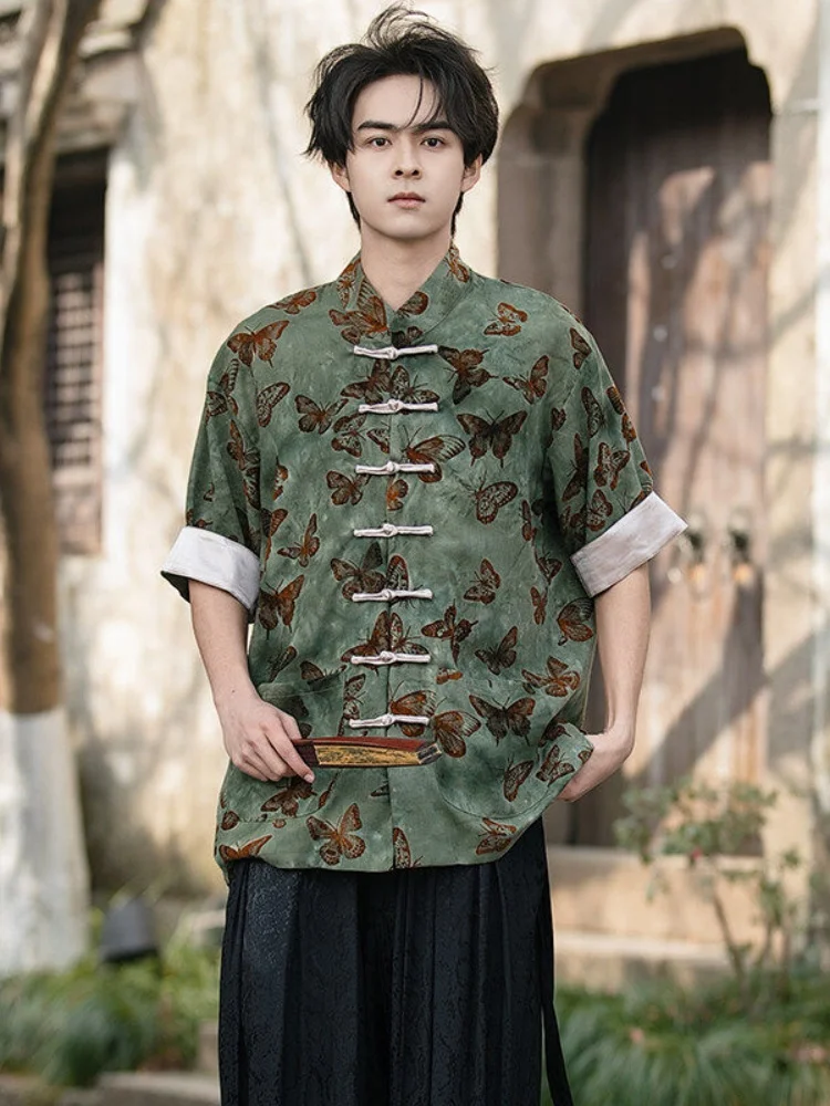 

Новая мужская футболка в китайском стиле с принтом тай-дай, коротким рукавом, воротником-стойкой на пуговицах, в стиле танского костюма, с цветовыми блоками, в пяти цветах