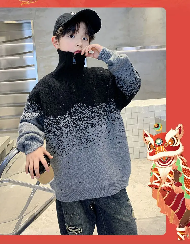 Kinder-Streifen-Polopullover mit halbem Reißverschluss für Jungen, Frühling, High-Street-Strickwaren, Teenager, Kinder, modische Strickpullover-Outfits – Detail 6