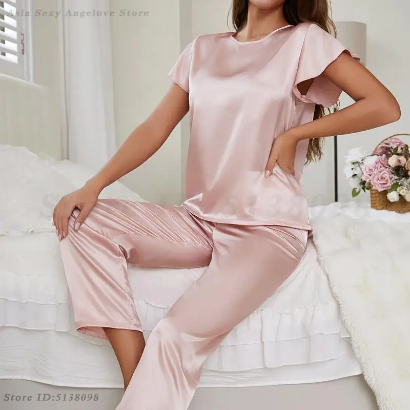

Female Short Sleeve Top&Trouser Pajamas Set Summer Satin Sleepwer Pink Pijamas Suit Loose Casual Solid Home Wear Loungewear