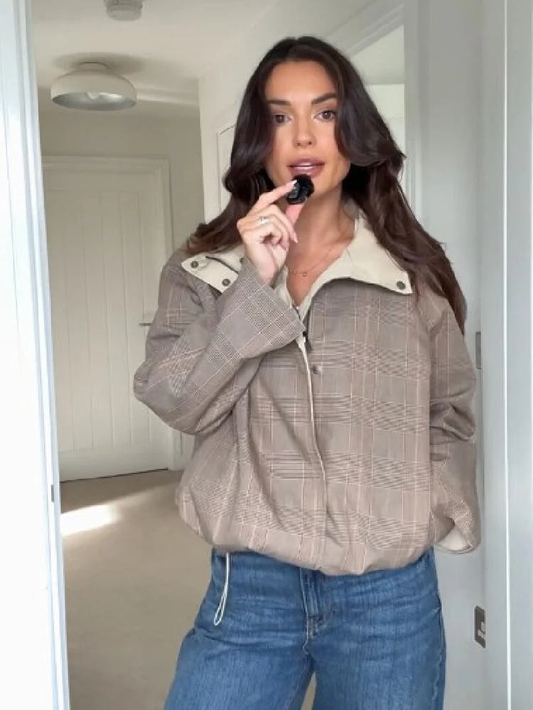 Trendy Reversible Two Side Cropped Jackets Women Stand Collar Full Zip Plaid Drawstring Hem Trench Coats Casual Autumn Outerwear