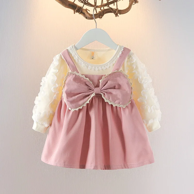 (0-2 years old) Newborn New Winter Baby Girls Dress Halter Bow Long Sleeve Lace Sweet Princess Dress Lace Pleated A-line Dress