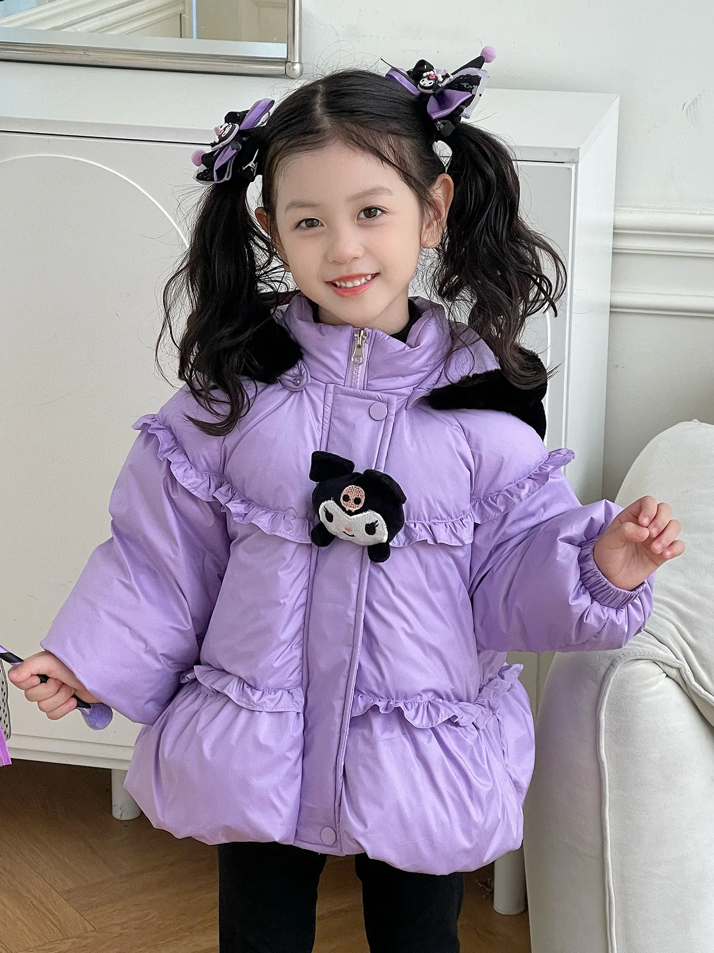 여아용 겨울 다운 재킷 중간 길이 귀여운 어린이 외투 화이트 다운 코트