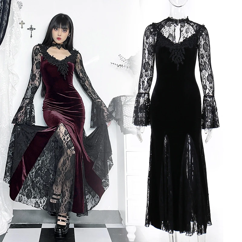 

Готическая кружевная юбка «рыбий хвост» на Хэллоуин, черно-красное платье для косплея, женская униформа в стиле панк Y2K, карнавальная одежда в стиле Харадзюку, Лолита, наряд