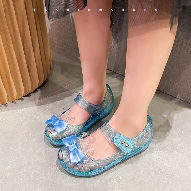Nuevas Sandalias de Princesa con Tacón Pequeño y Apliques Brillantes para Niñas, Zapatos de Gel con Suela Suave y Brillante para Niños, Zapatos de Playa con Cristales para Niños