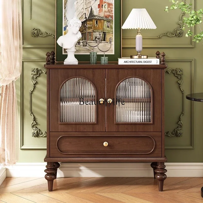

44-*French solid wood dining side cabinet, cherry wood tea retro Changhong glass Roman column light luxury sofa cabinet