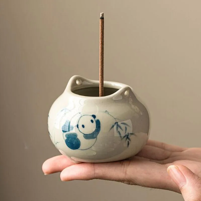 Plant Ash Color Porcelain Sandalwood Stick Incense Holder Panda Pattern Double Ear Censer Fragrance Item Home Decor