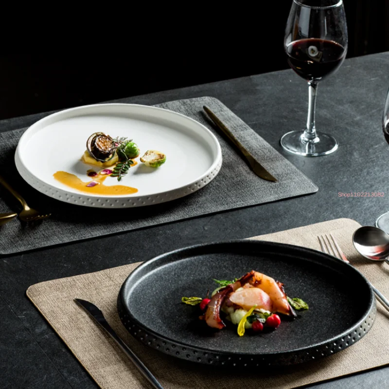 

Черно-белая обеденная тарелка для стейка, простая керамическая матовая посуда в западном кухне, форма для десертного торта в европейском стиле
