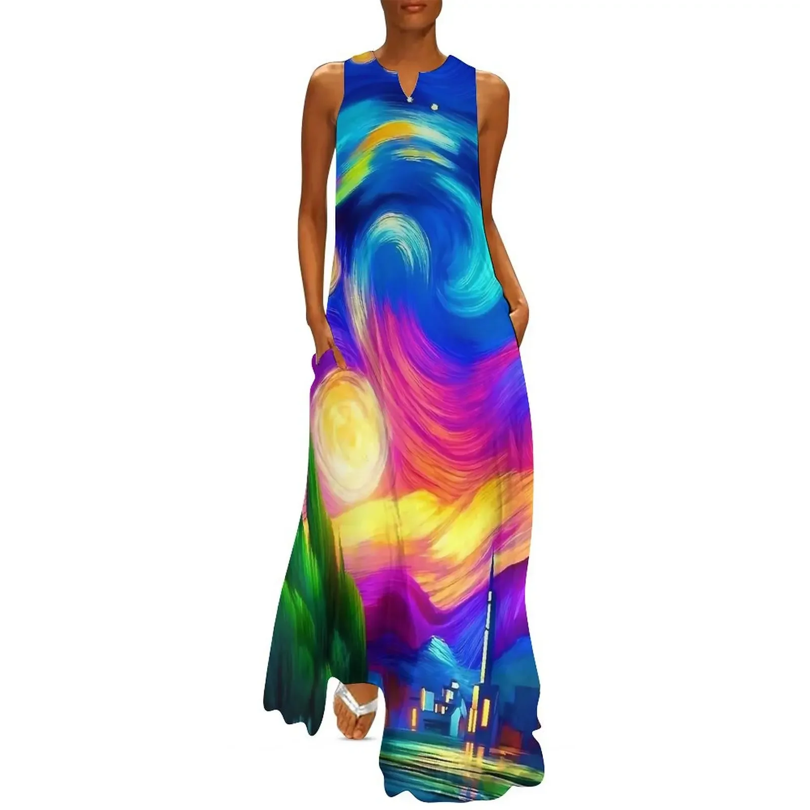 Las Vegas Sternennachtkleid Vintage Maxikleid V-Ausschnitt Benutzerdefinierte lässige lange Kleider Street Wear Vestido Elegantes Party-Damenkleid