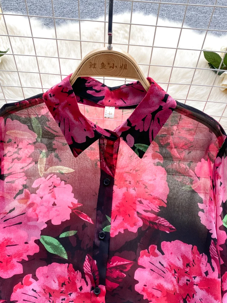 2024 New Floral Print Women Shirt Summer Lantern Sleeve Retro Thin French Loose Ladies Elegant Fashion Casual Chic Blouse