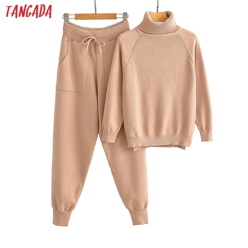 Tangada women's set solid turtleneck sweater jumper pants set 2020 autumn winter suit 2 piece set sweater and pants  AI50