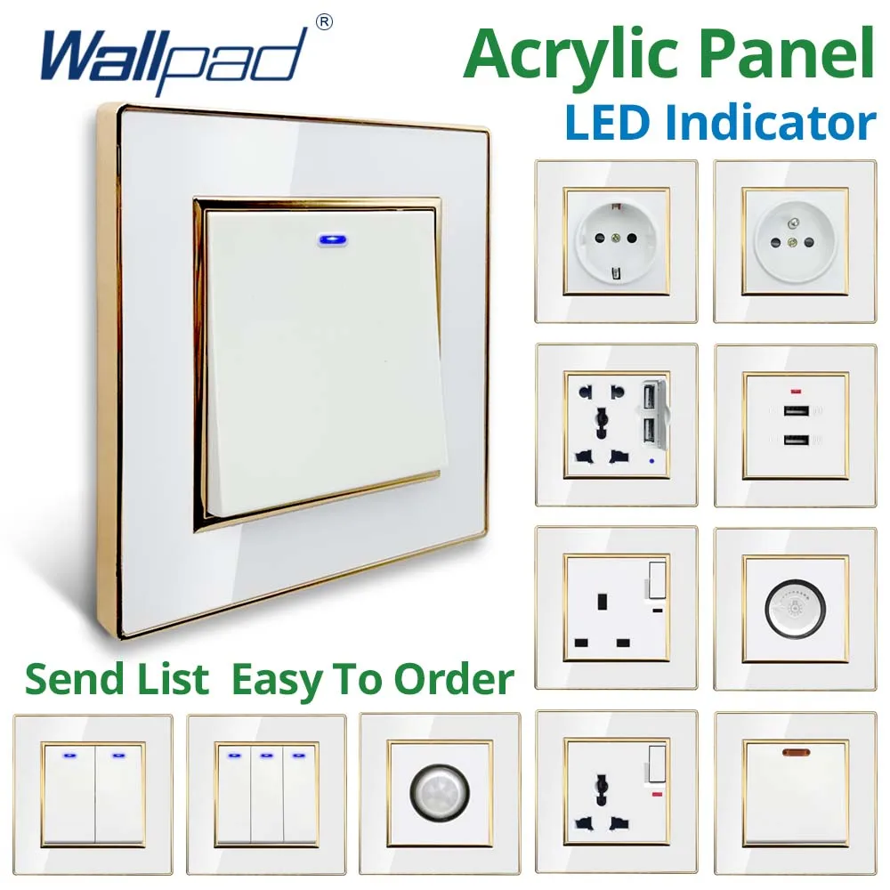 Wallpad White Acrylic Panel With Gold Border 2 Way Wall Light Switch With LED Indicator EU Electric Outlet With USB