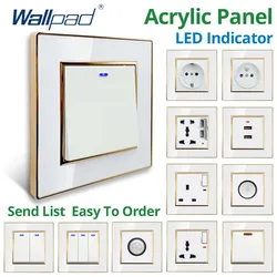 Wallpad Weißes Acryl-Panel mit goldenem Rand, 2-Wege-Wandlichtschalter mit LED-Anzeige, EU-Steckdose mit USB