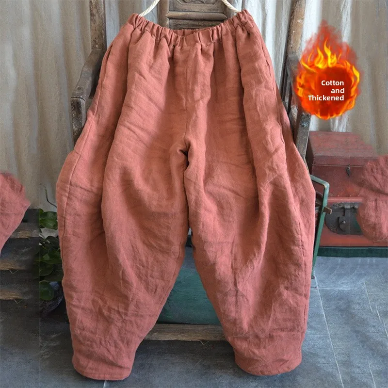 

Утепленные хлопковые льняные брюки-фонарики для женщин, зимние повседневные брюки свободного кроя, большие размеры, длинные брюки, модные, универсальные, стрейч...
