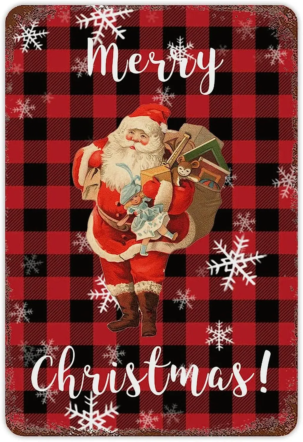 Retro Christmas Tin Sign Funny Santa Claus Christmas Metal Sign Snowflake Red Black Buffalo Plaid Tin Sign Xmas Hanging sign