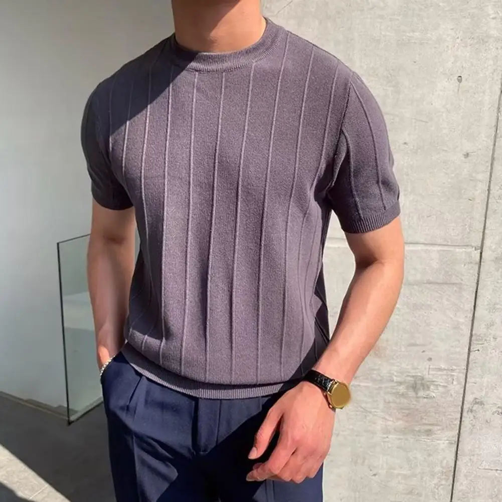 British style Summer Solid Short Sleeve Knitted T-shirt Men Fashion O-Neck Stripe Slim Fit Tee High Quality Men Clothing