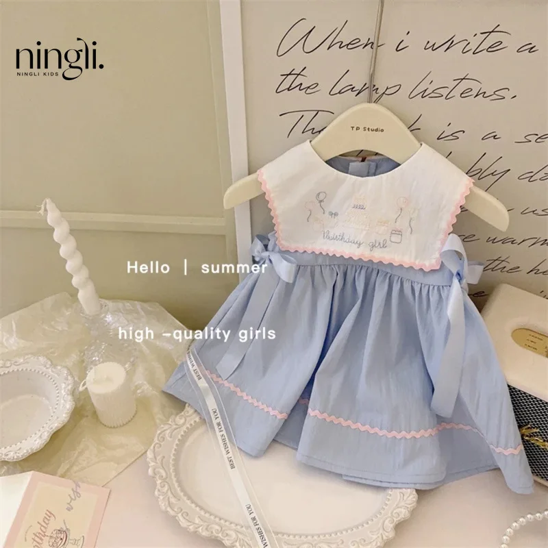 

Korean Children's Clothing Dress Summer New Style Girls Fashionable Back Girl Navy Collar Bow Princess Dress