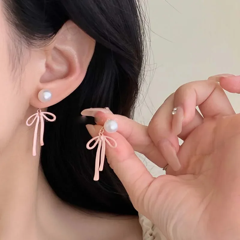 Elegant Two Ways To Wear Pink Bow Pendant Earrings for Women Fashion Cute Pearl Stud Earrings Luxury Wedding Party Jewelry