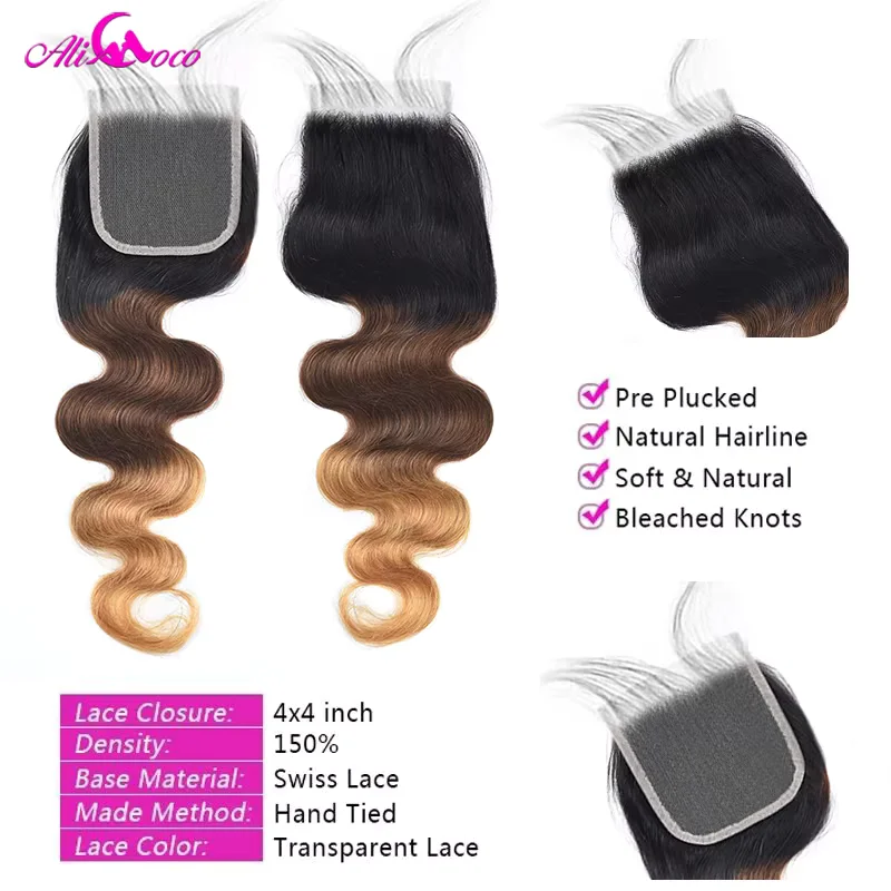 1B 4 27 Remy Ombre Human Hair Weave Bundle ปิด 4x4 5x5 ชุดพร้อมฝาปิดบราซิล Body Wave ปิด