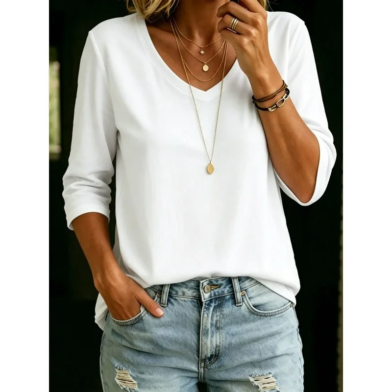 

European and American Cross-border Summer New Simple and Versatile Solid V-neck Three-quarter Sleeve T-shirt Loose Top for Women