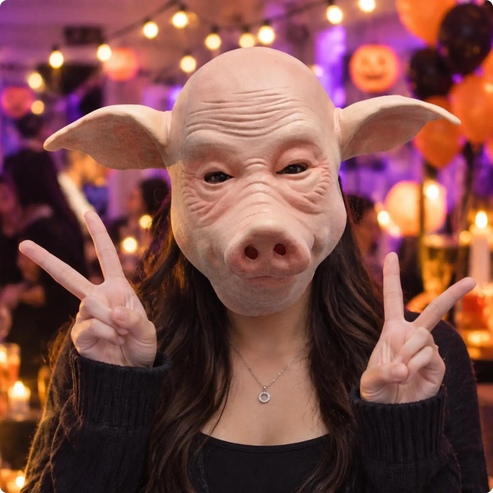 Realistic Pig Head Mask Latex Whole Face Costume Bald Wrinkled Snout Eye Openings for Theatrical Performance