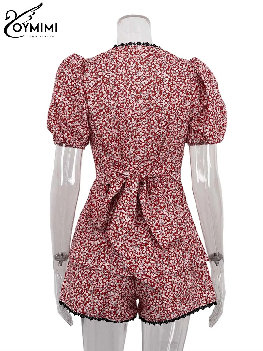 Oymimi Summer Red Print Two Piece Sets For Women Elegant V-Neck Short Sleeve Lace Blouses And High Waisted Shorts Female Sets