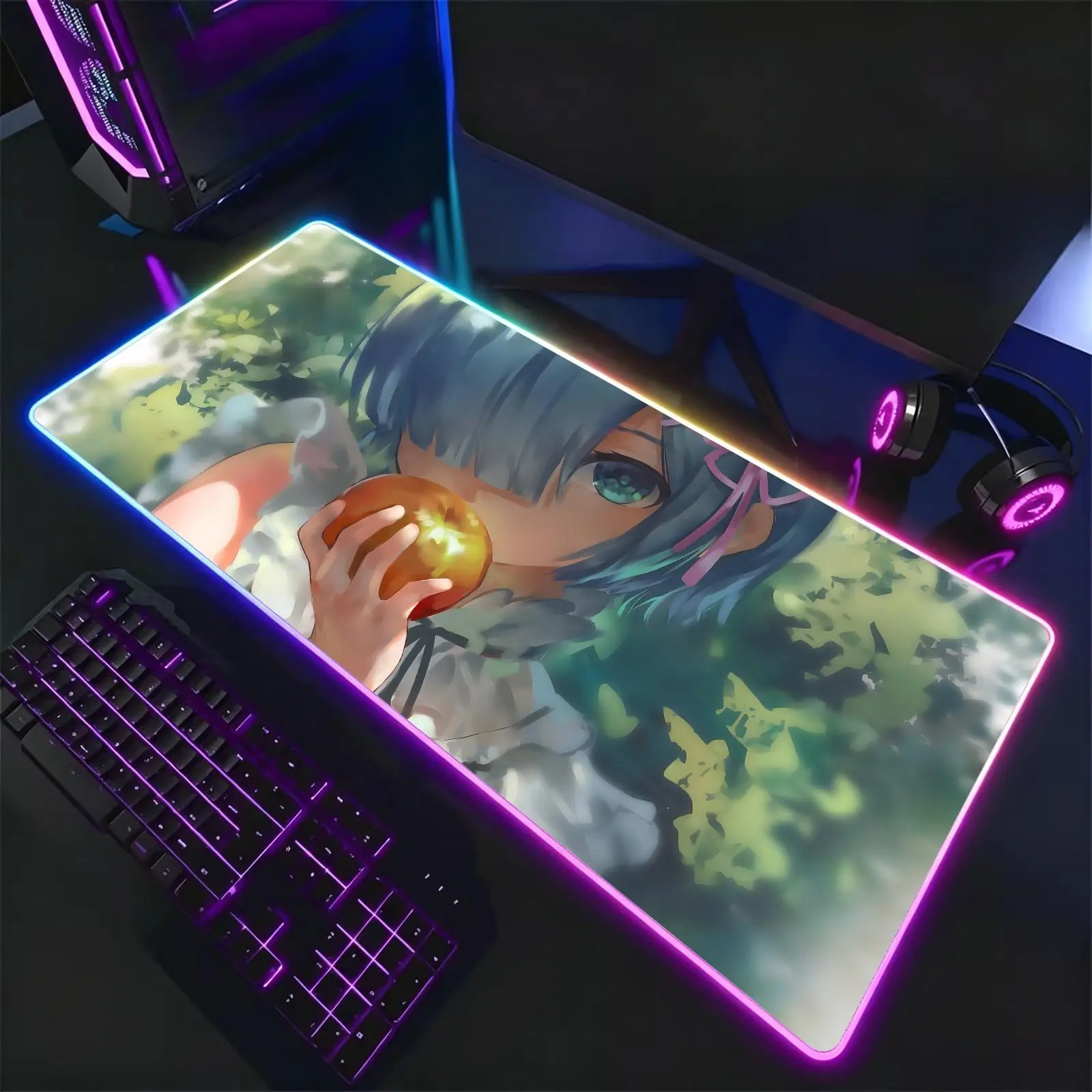Mouse Pad RGB Color Changing Gaming Mouse Pad, Stitched Edges, XXL Large Keyboard Desk Mat Anime Re Zero Rem
