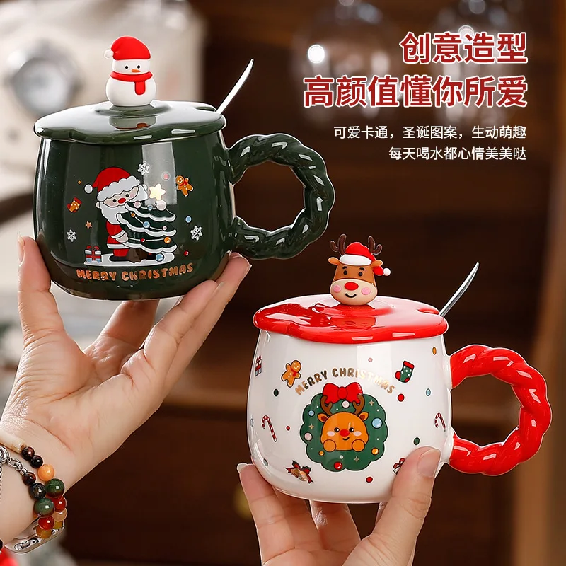 

Christmas Ceramic Mug with Lid Spoon Coffee Cup Christmas Gift Drinking Utensils Can Be Used for Office and Home Decor