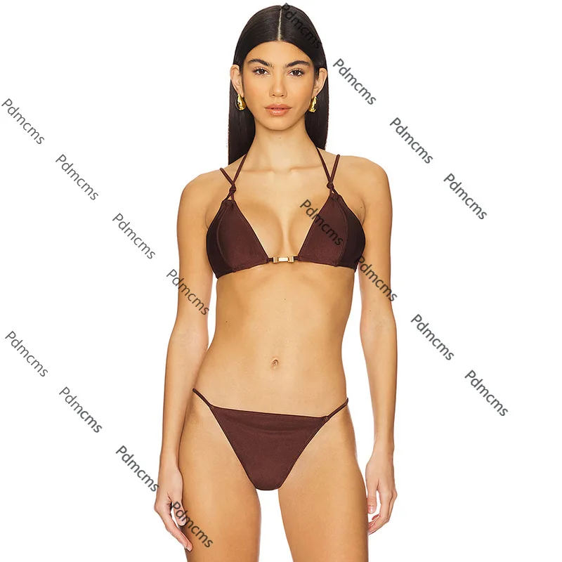 

2025 new European and American large-size bikini women's split neck thin shoulder strap three-point solid color swimsuit