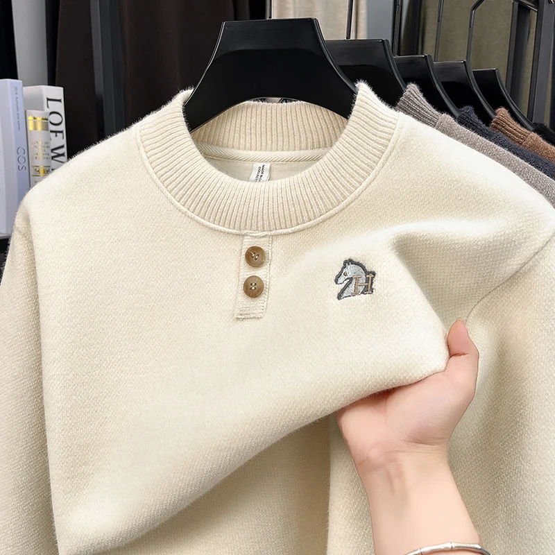 High end Brand embroidered knitted men's sweater new button decoration round neck pullover plush thicken warm autumn winter top