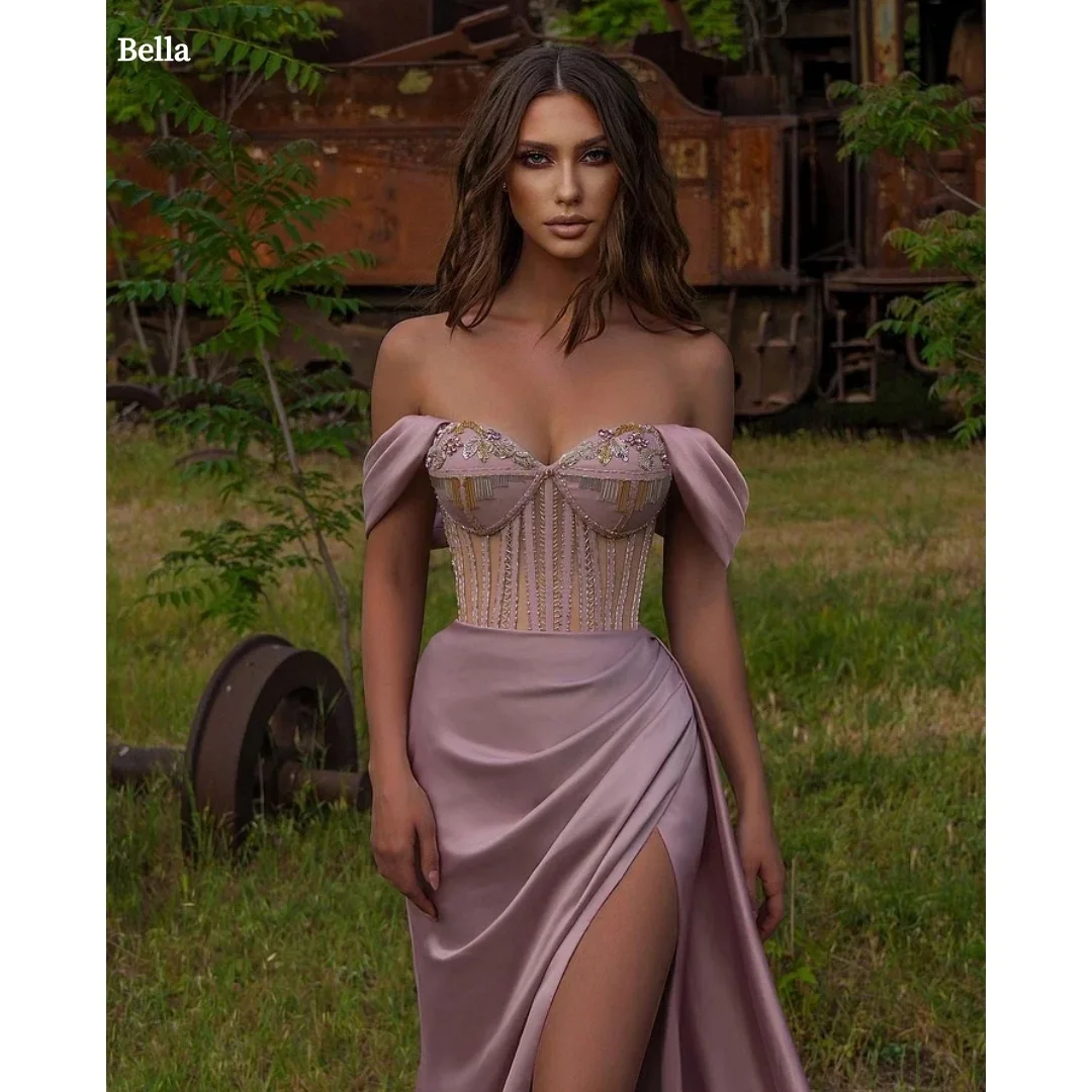 

Bella Customized Pink Flowers Embroidery Beading robes de soirée Side Slit Off The Shoulder Party Dresses Satin Prom Dress 2025