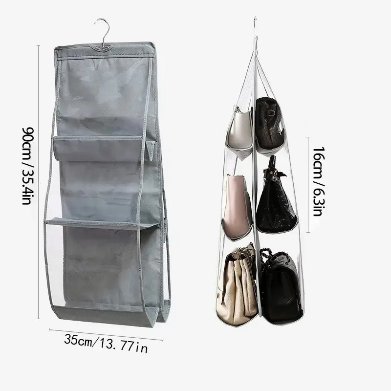 6 Pocket Hanging Handbag Organizer For Wardrobe Closet Gray Waterproof Storage Bag Door Wall Clear Sundry Bag With Hanger Pouch image 4