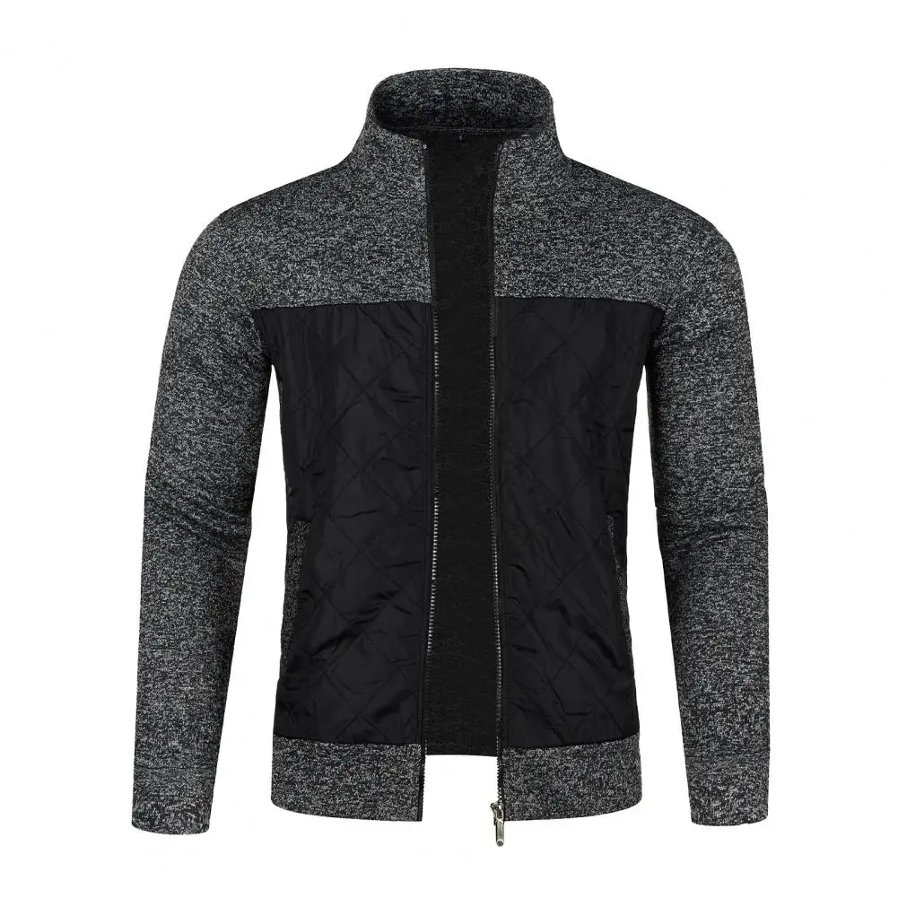 Abrigo tejido de Color Patchwork, chaqueta de punto con cuello levantado y bolsillos con solapa y cremallera, abrigo largo de invierno para hombre