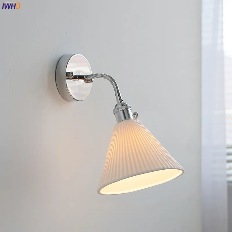 

IWHD Flexible Arm Adjustable LED Wall Light Sconce Ceramic Lampshade Bedroom Living Room Beside Lamp Silver Wandlamp Applique