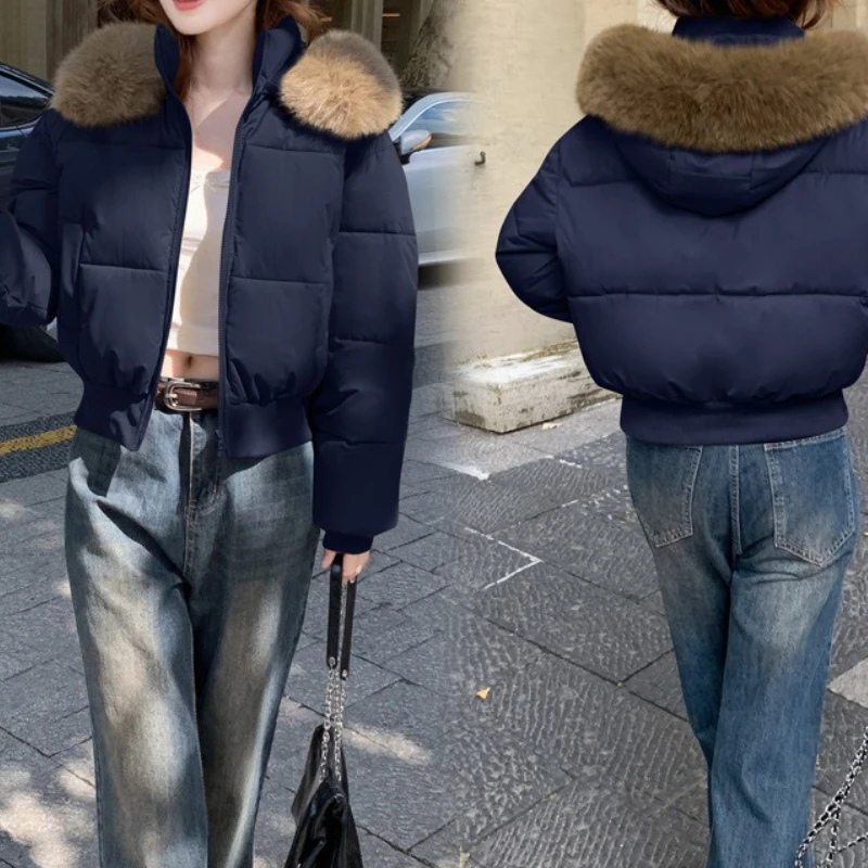 

Dark Blue Hooded Cotton Coat with Fur Collar, New Short Winter Cotton Jacket for Women
