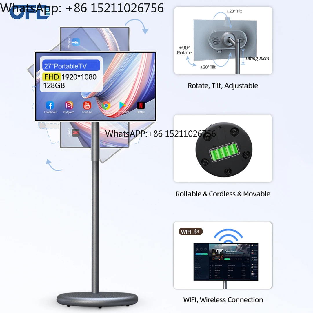 27 Inch Portable Smart Tv Interactive Digital Signage with - Battery Powered Touchscreen Android Display for Home