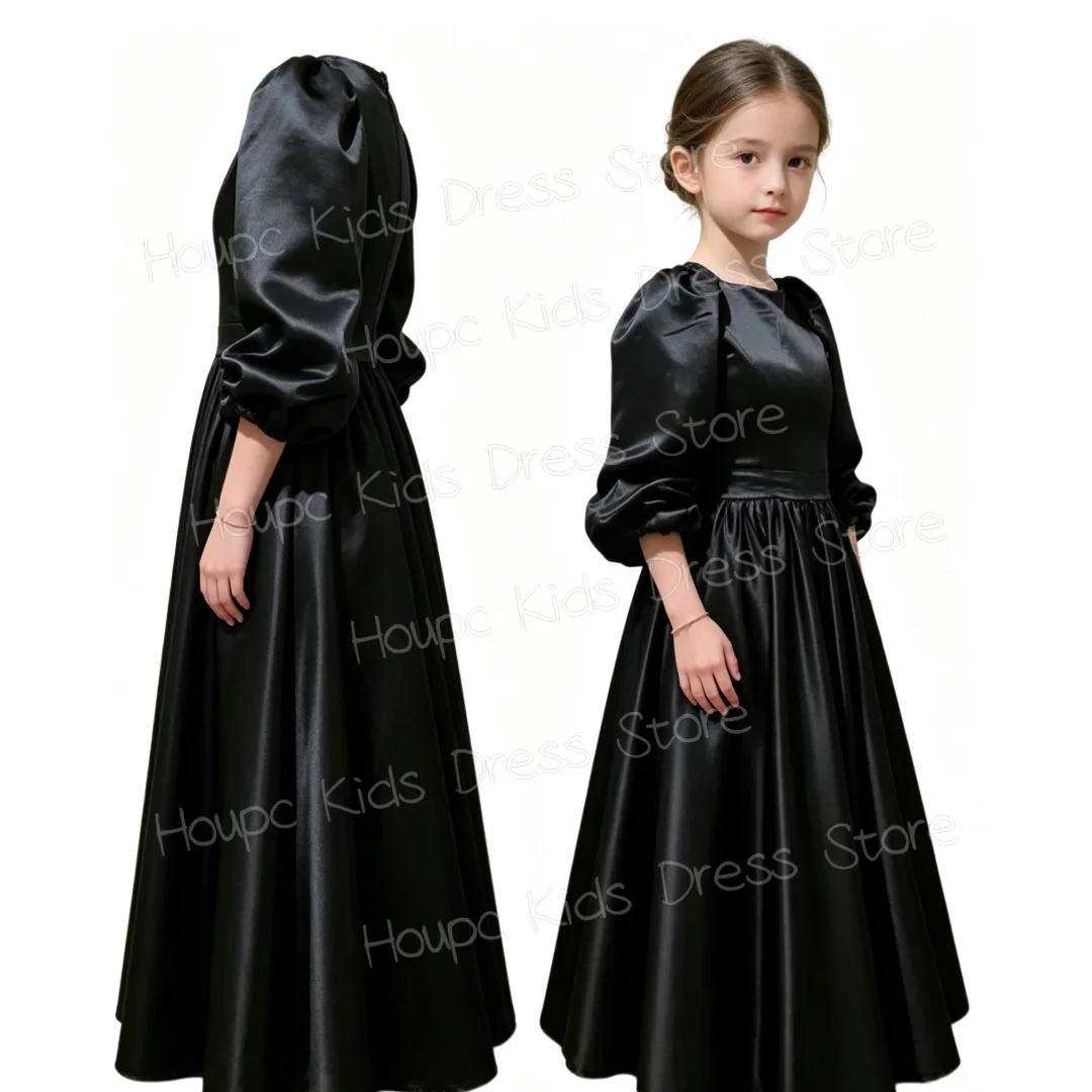 Vestido de Niña de las Flores de Satén Blanco Personalizado para Primera Comunión, Manga Larga Abullonada, Corte en A, con Cuello Peter Pan Negro, Personalizable