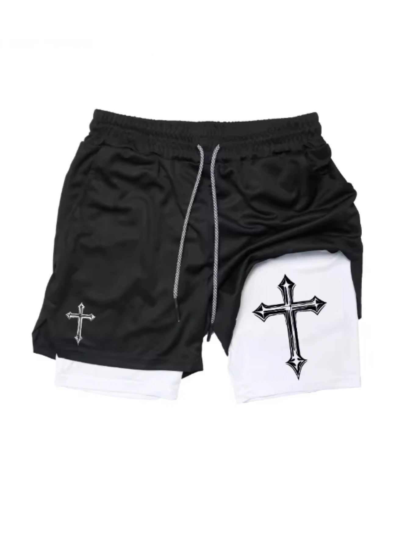 Men'S Christian Gym Athletic Shorts Featuring Cross Print 2 in 1 Design, with A Compression Liner Phone Pocket