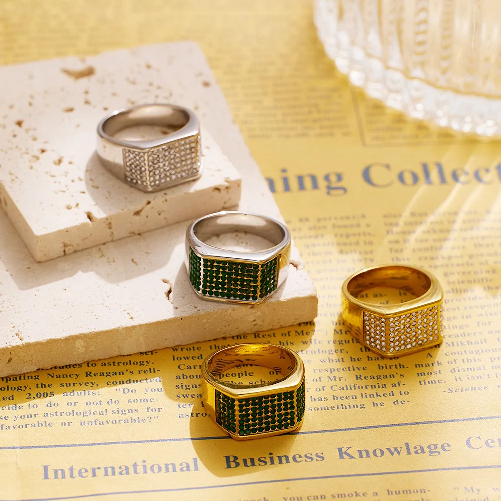Vintage Luxury Shinny Green/White Zircon Signet Ring For Women Men Stainless Steel Ring Wedding Engagement Jewelry