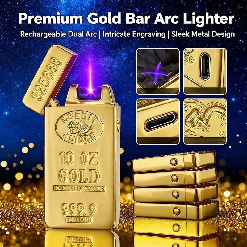 

Portable USB Charging Electric Arc Lighter Personalized Gold Bar Design, Windproof Silent, High-Quality Men's Smoking Accessory
