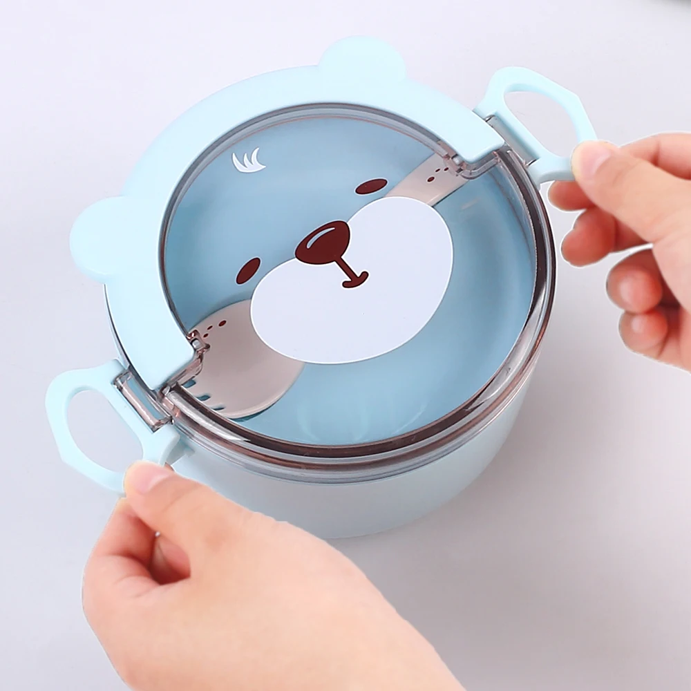 Cartoon Bear Lunch Box Microwave Safe Portable Leakproof Food Container with Utensils for Kids Students Adults