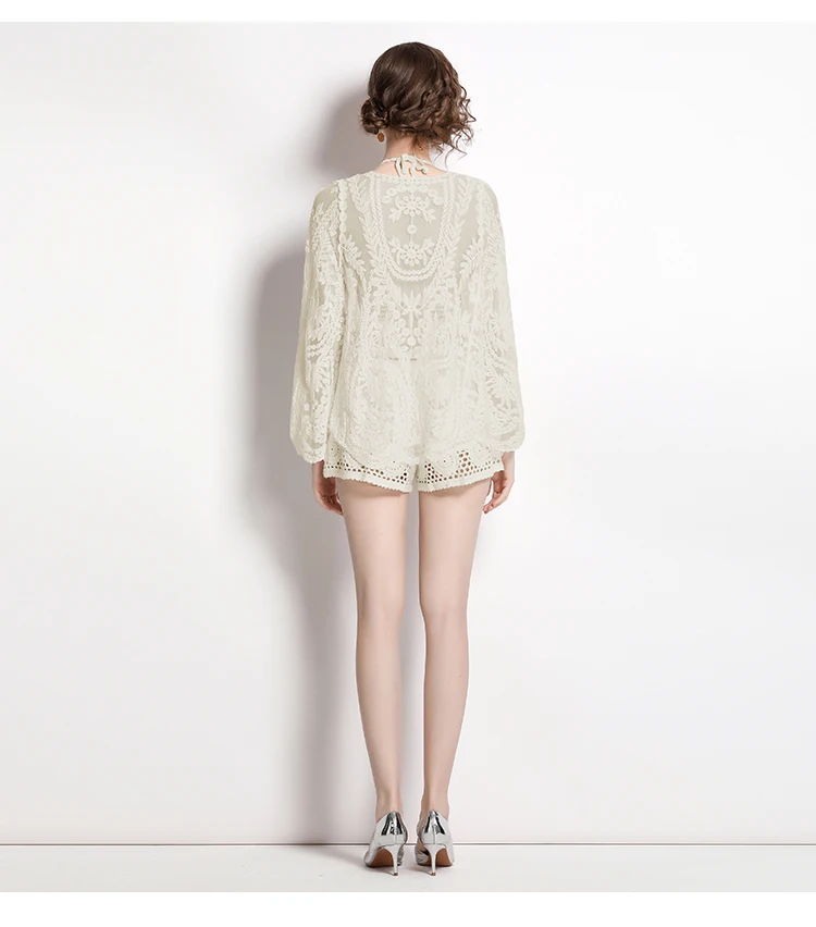 2023 Summer New Seaside Vacation Women Sets Sweet Bikini Sunscreen Blouses Femme+Sling+Hand Hook Cut-Out Lace Shorts Suits Mujer