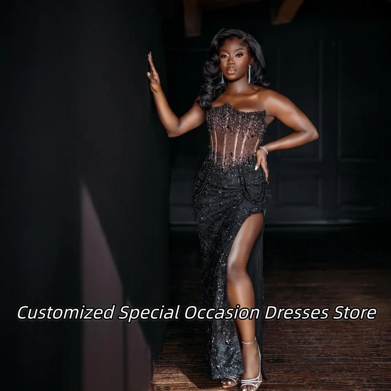 

Черные платья для выпускного вечера без бретелек с сексуальным высоким разрезом 2025, очаровательное длинное платье русалки для выпускного вечера Vestido De Festa для женщин по индивидуальному заказу