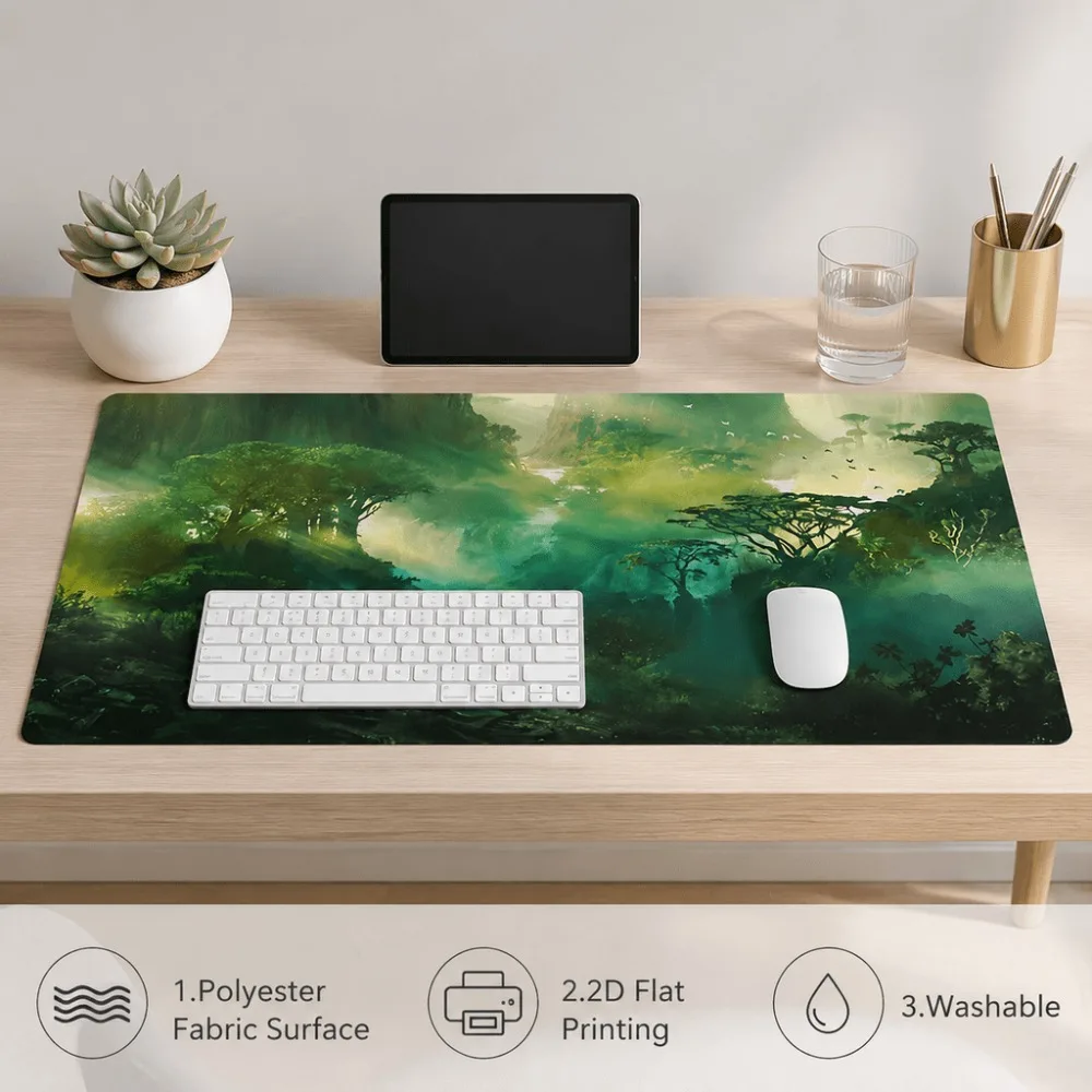 Green fantasy forest landscape print, a natural aesthetic desktop accessory suitable for office workers, students and gamers
