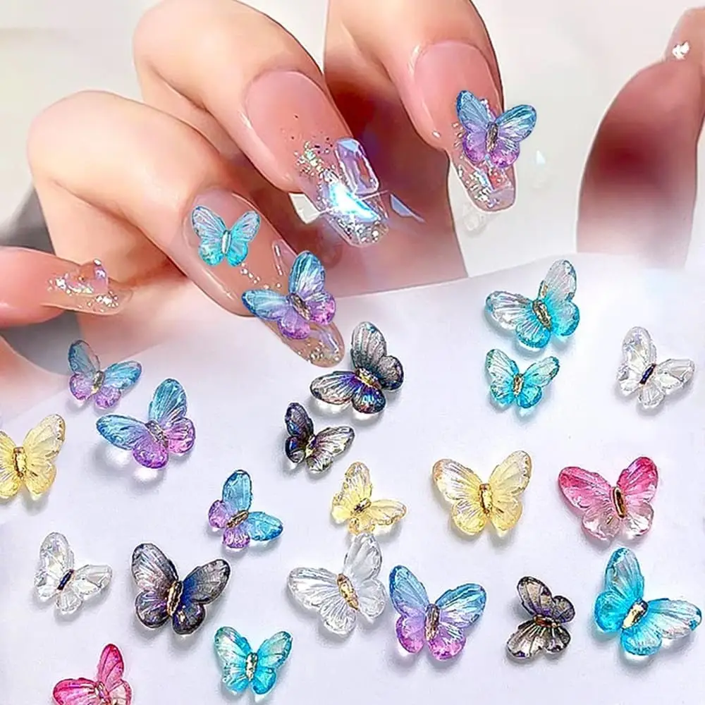 60Pcs Mixed Colors Crystal Butterfly Nail Art Charm Aurora Sparkling Gradient Butterfly Nail Decoration DIY Cute Nail Ornament