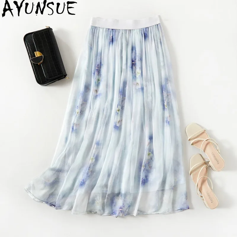 

Женские юбки AYUNSUE из 100% шелка, элегантные юбки с принтом для женщин, юбка трапециевидной формы с высокой талией, весенне-летняя юбка, женская одежда Ropa Mujer