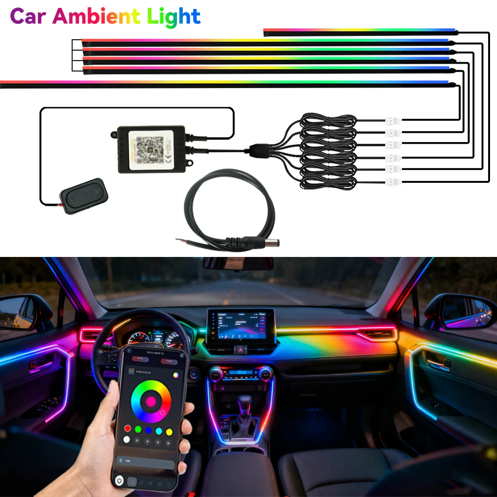 

Car Acrylic LED Ambient Lights 6 in 1 RGB APP Control Symphony Auto Interior Neon Lighting Strip Decoration Atmosphere Lamp Kit