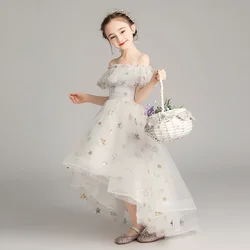 Children's Yarn Dress Princess Party Evening Dresses Girls Star Shoulderless Host Piano Performance Dress Kids Wedding Vestidos