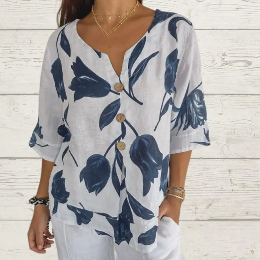 

Spring Summer Women Shirt Leaf Printed V Neck Single-breasted Three Quarter Sleeve Blouse Loose Retro Breathable Lady Blouse