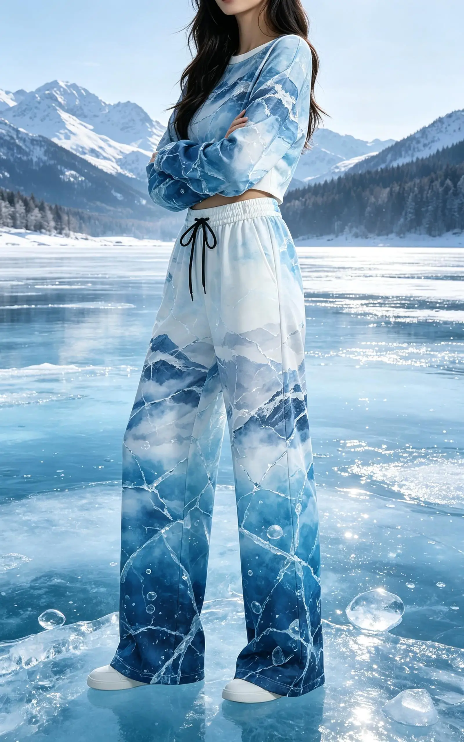 Women Drawstring Wide Leg Pants Ice Crack Mountain Gradient Print Loose Casual Trousers