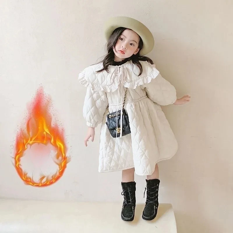 Korean Winter Baby Girls Large Lapel Cotton-padded Dresses Thicken Clothes Children Birthday Party Dress Teens Oversize Vestidos